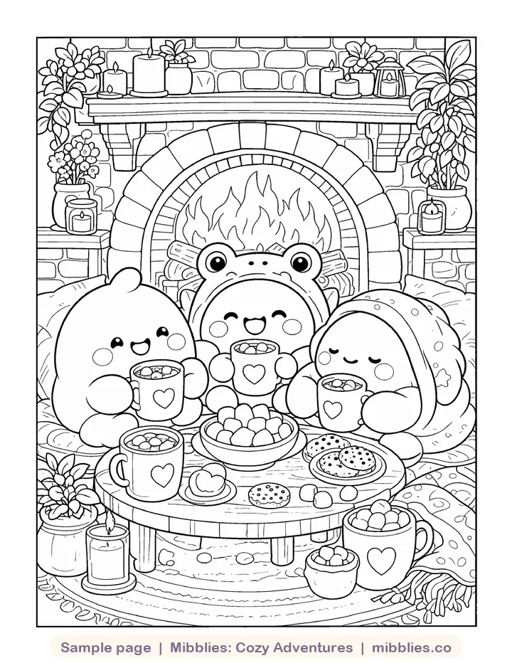 Coloring page from Cozy Adventures: Mochi, Bubs and Puddle sipping cocoa by a crackling fireplace with cookies and candles