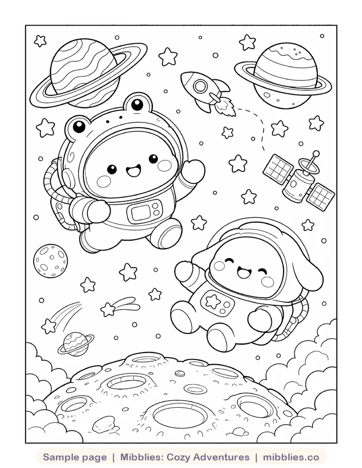 Coloring page from Cozy Adventures: Bubs and Puddle floating in space suits among planets, stars and a rocket