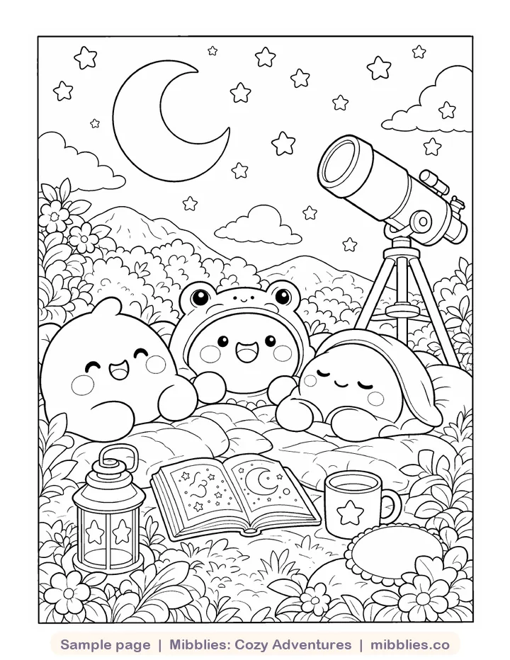 Coloring page from Cozy Adventures: Mochi, Bubs and Puddle under a crescent moon and stars with a telescope, lantern and storybook