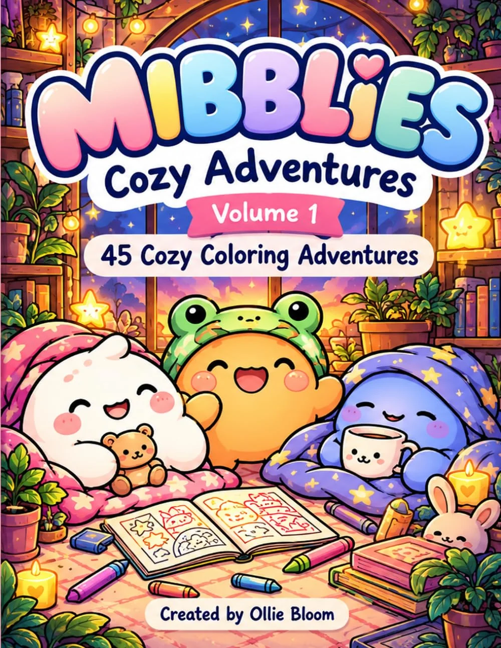 Cover of Mibblies: Cozy Adventures, Volume 1, 45 Cozy Coloring Adventures, created by Ollie Bloom: the dumpling squishies Mochi, Bubs and Puddle snuggled in blankets with crayons and an open coloring book