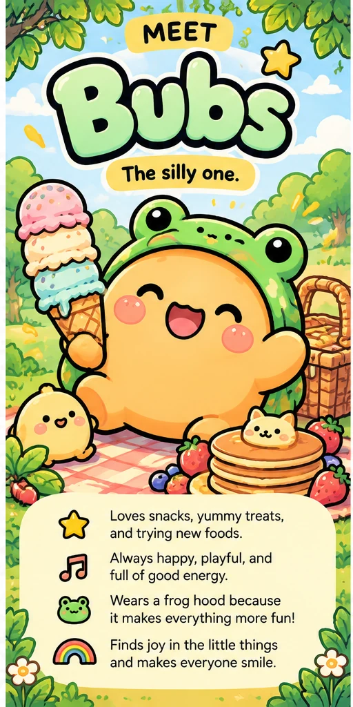 Bubs character card: Bubs at a picnic with an ice cream cone and pancakes, with a list of things Bubs loves