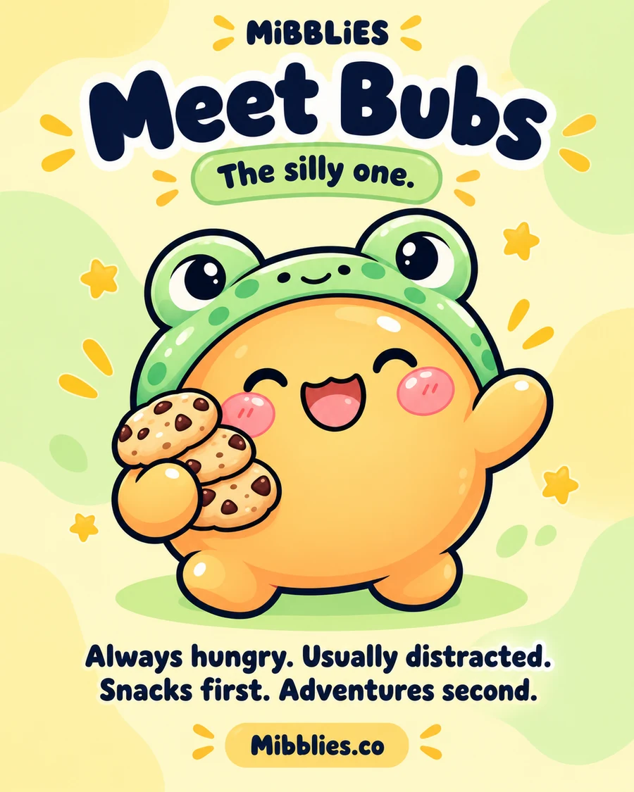 Meet Bubs poster: Bubs in a frog hood on a sunny yellow background