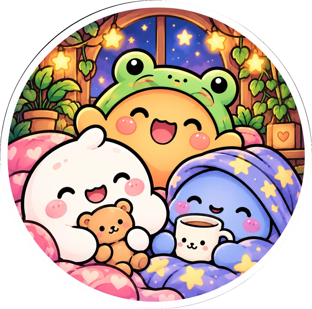 Mochi, Bubs and Puddle snuggled together under heart and star blankets on a starry night, with a teddy bear and a cup of cocoa