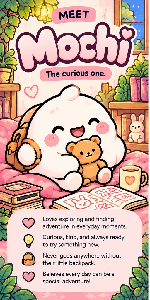 Mochi character card: Mochi hugging a teddy bear in a cozy reading nook, with a list of things Mochi loves