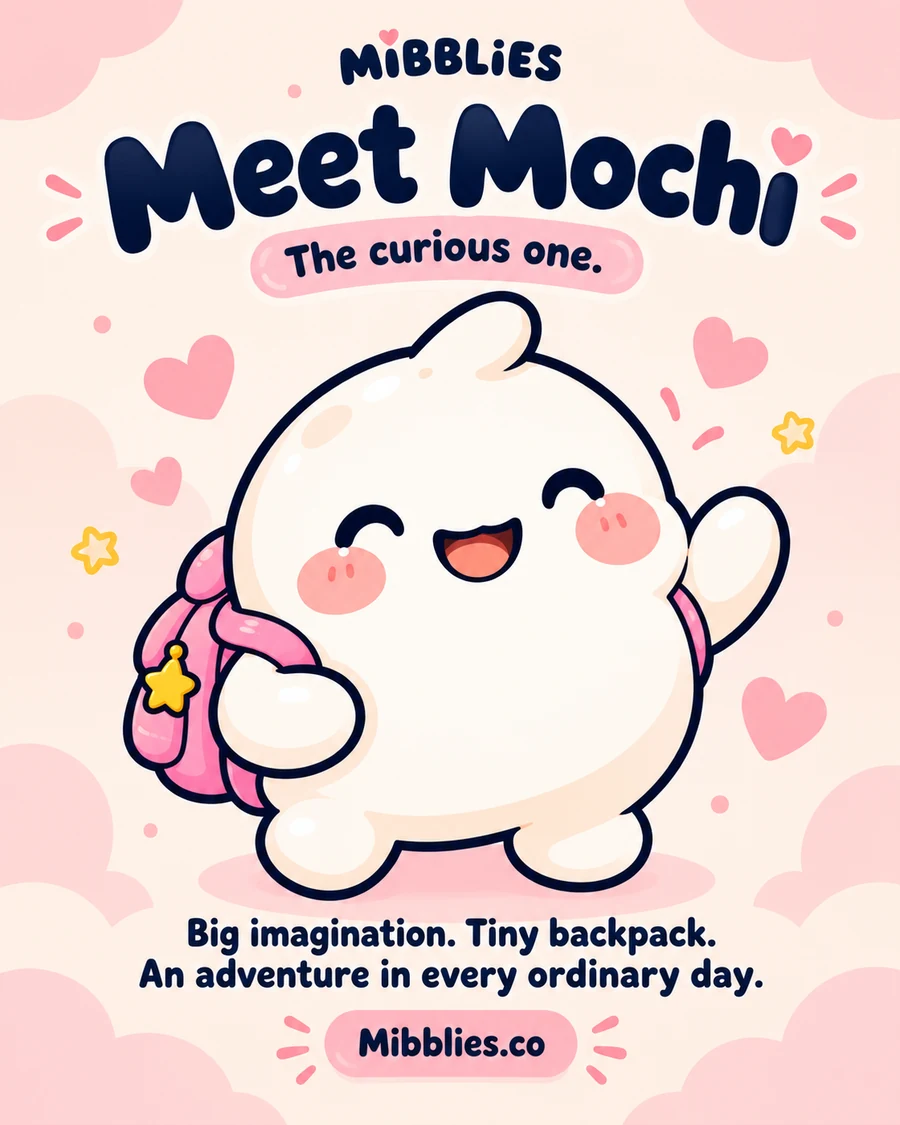Meet Mochi poster: Mochi with a tiny pink backpack