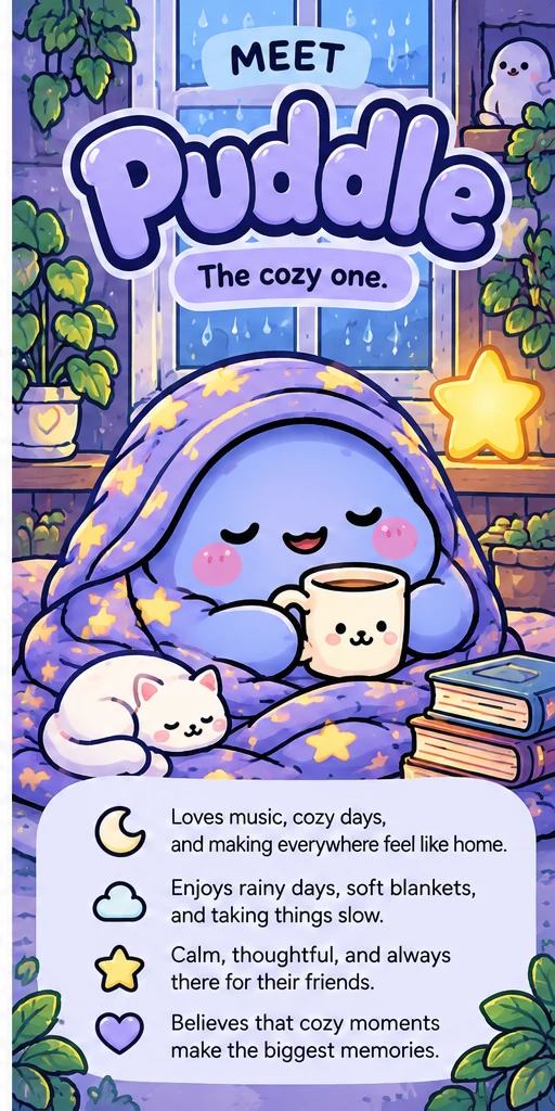 Puddle character card: Puddle under a starry blanket by a rainy window with a sleeping cat, with a list of things Puddle loves