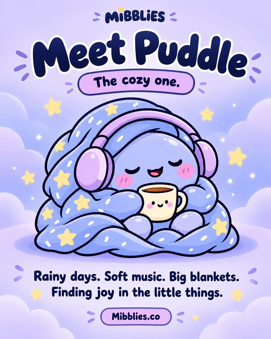 Meet Puddle poster: Puddle in a starry blanket on a soft lavender background